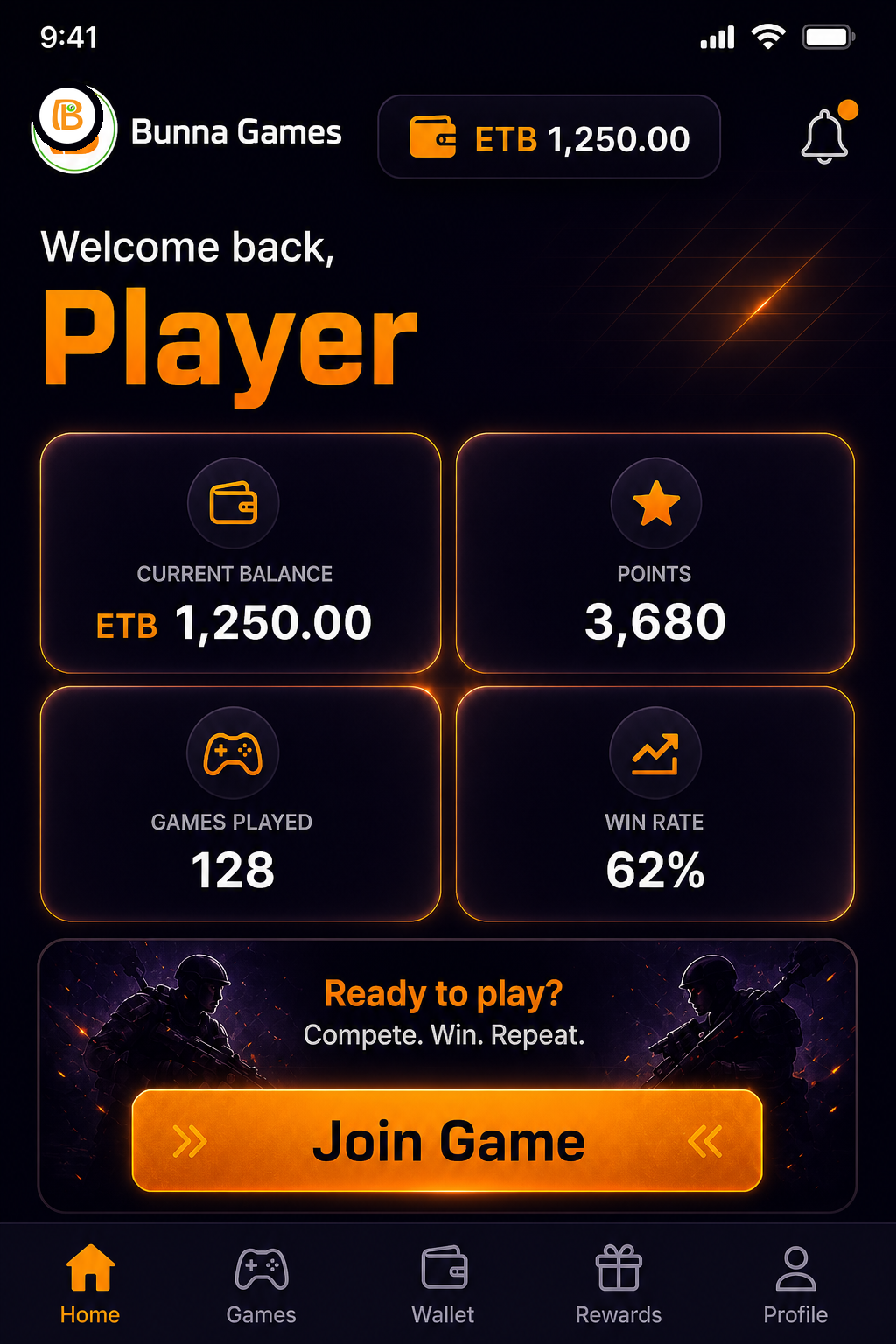 Bunna Games Android app home screen with wallet balance, player stats, Join Game CTA, and bottom navigation