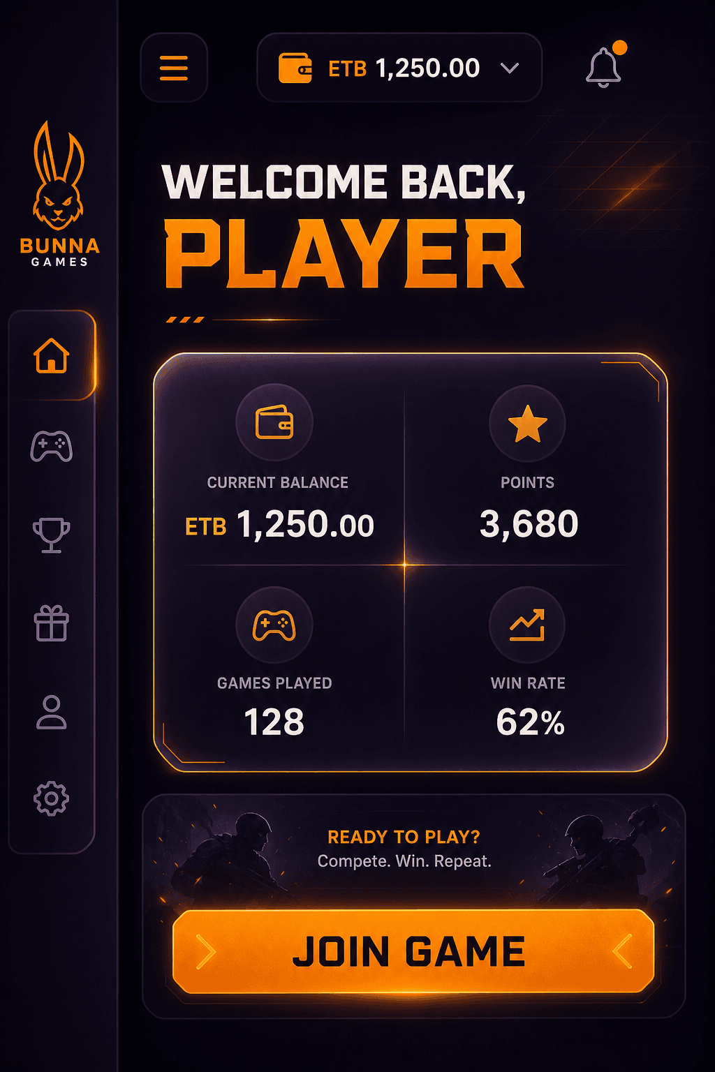 Bunna Games mobile app showing player dashboard with wallet balance, stats, and join game button